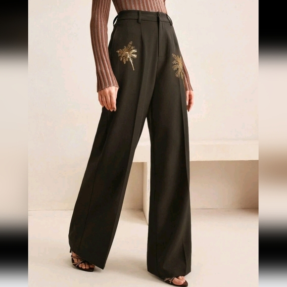 Straight-Leg Gold Palm Tree Beaded High Waisted Pants, New Year's Women - Picture 3 of 5